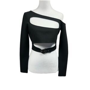 NEW Fashion Nova Cutout Asymmetric Buckle Crop Blouse Sz M Black